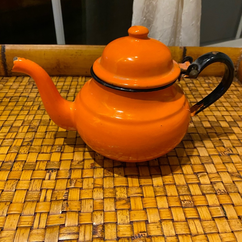 VTG Small Orange Enamel Teapot Made In Poland